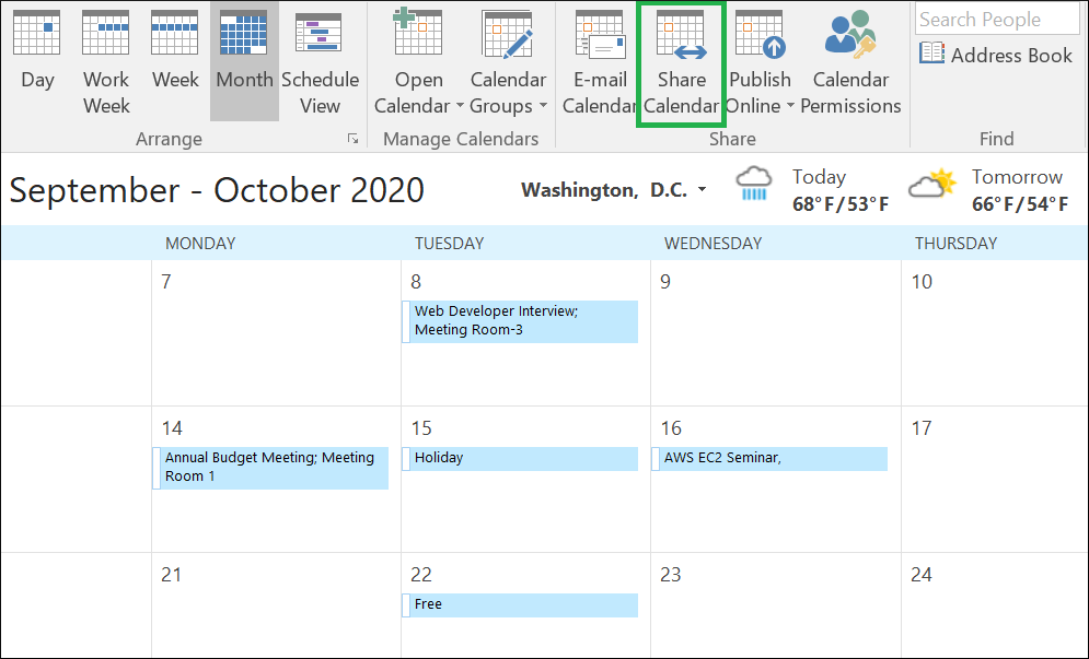 Open Outlook and choose the calendar that you want to share