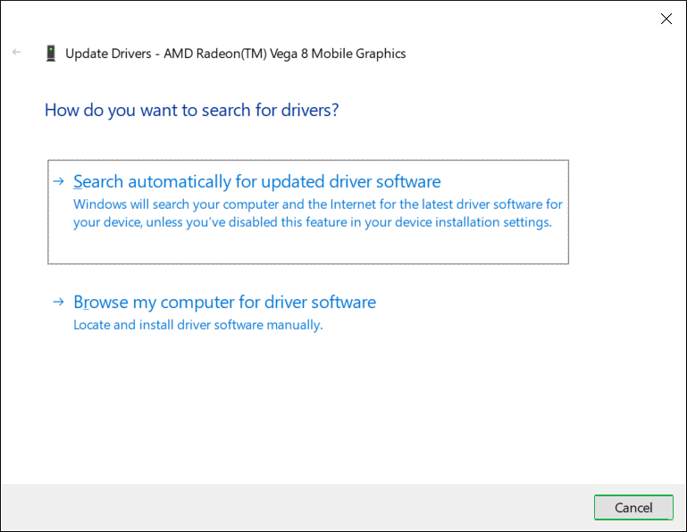 Two options to search for the updated drivers