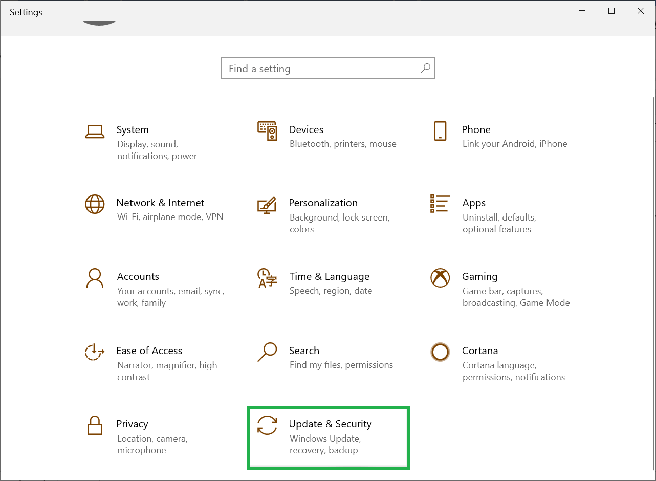 Go to Settings, then Update & Security