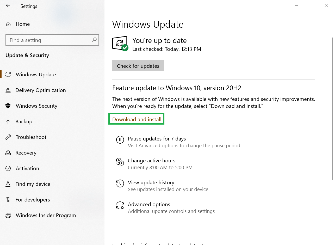 Click Check for Updates and it will retrieve the supposed update to the Windows