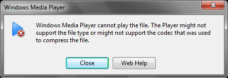 Windows Media Player shows the following error