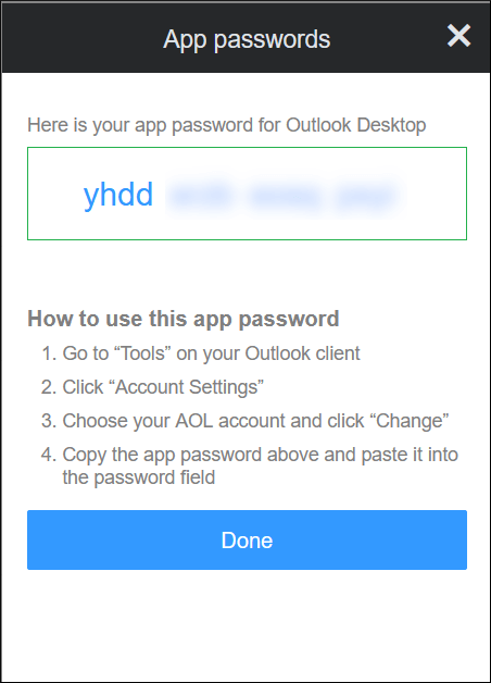 A unique and new app password is generated for the Outlook application