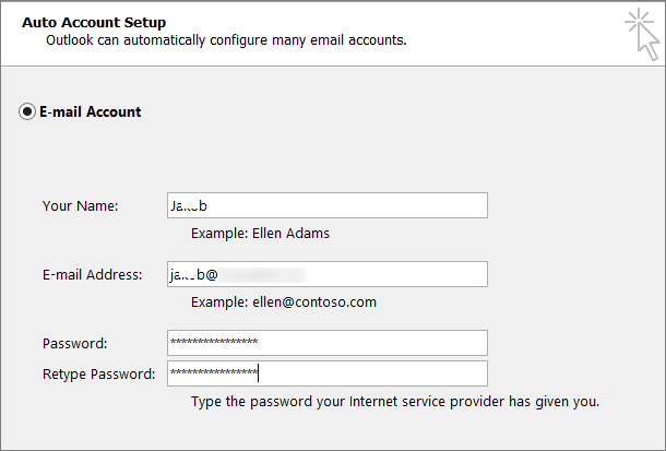 Input the app password in the Auto Account Setup password fields