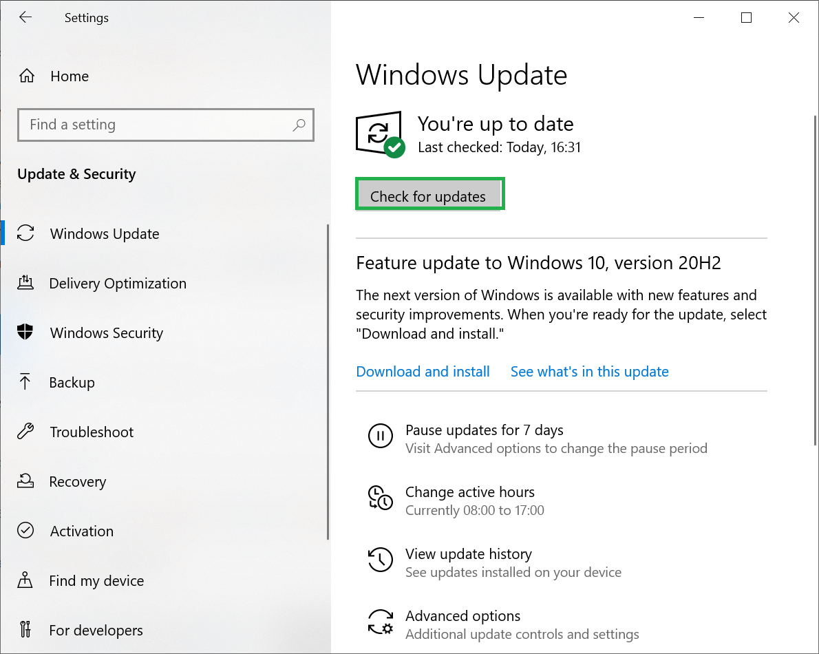 In the Windows update category, click Check for updates