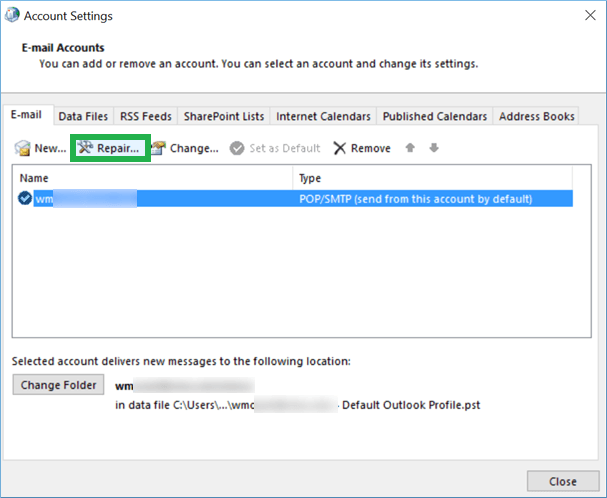 Select the account and click the Repair option