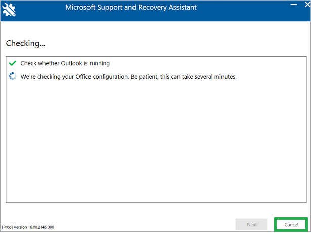 The tool is checking the Outlook application
