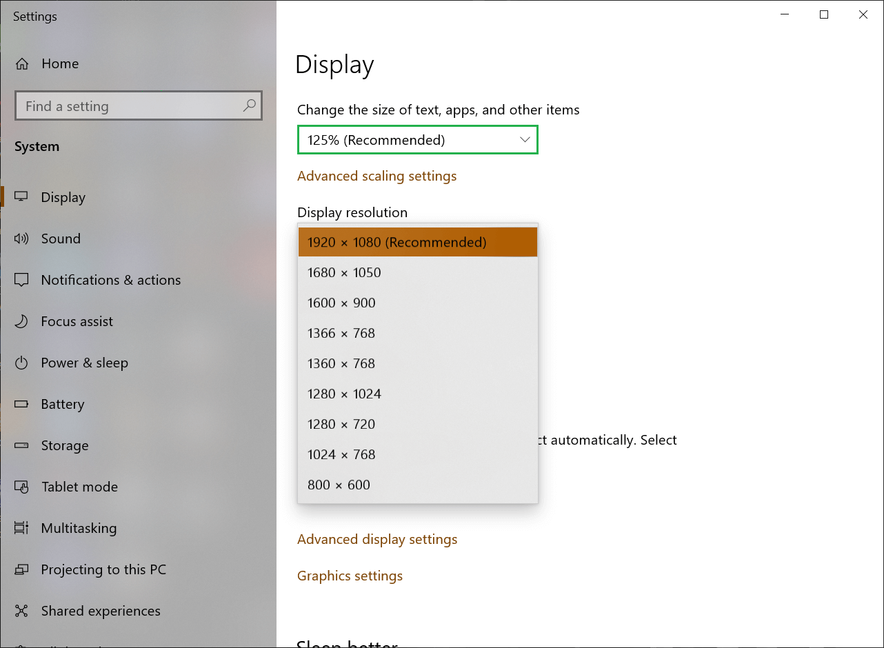 Display Settings and check the resolution for the Display