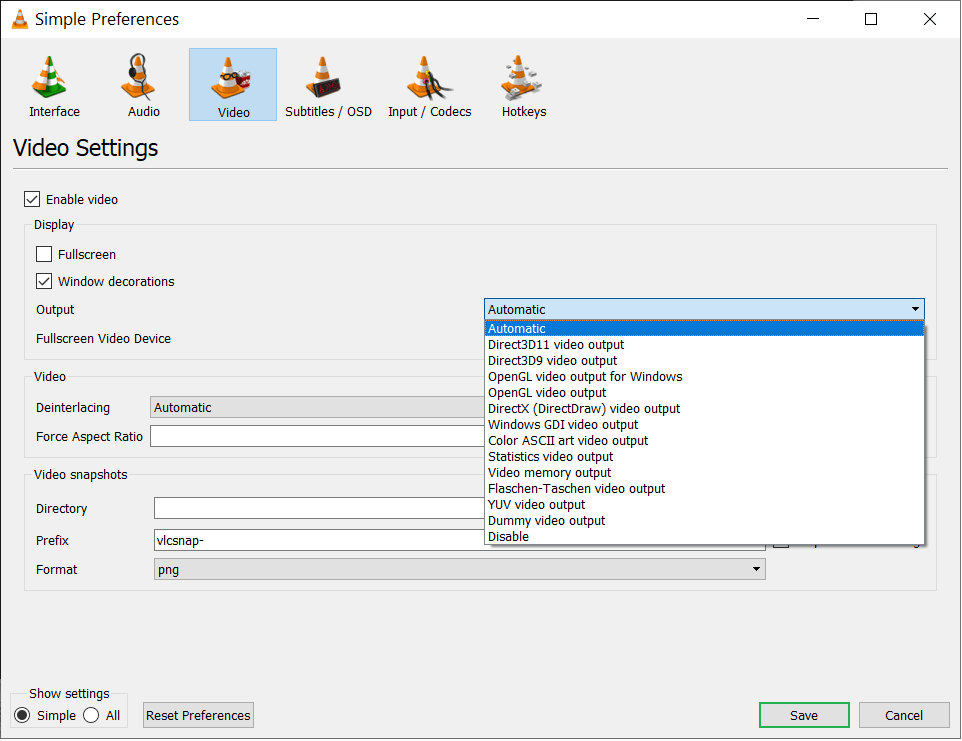 Choose the desired output setting for the video