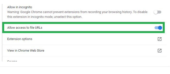 Move to the Allow access to file URLs option and switch ON the option