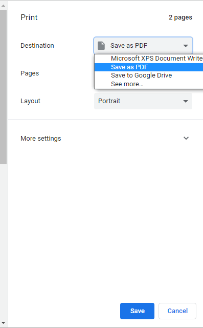 Select the Save as PDF option from the drop-down list