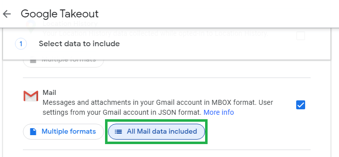 Click All mail data included option to view and select the data for backup