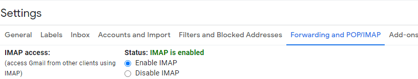 Enable IMAP settings in the Gmail account