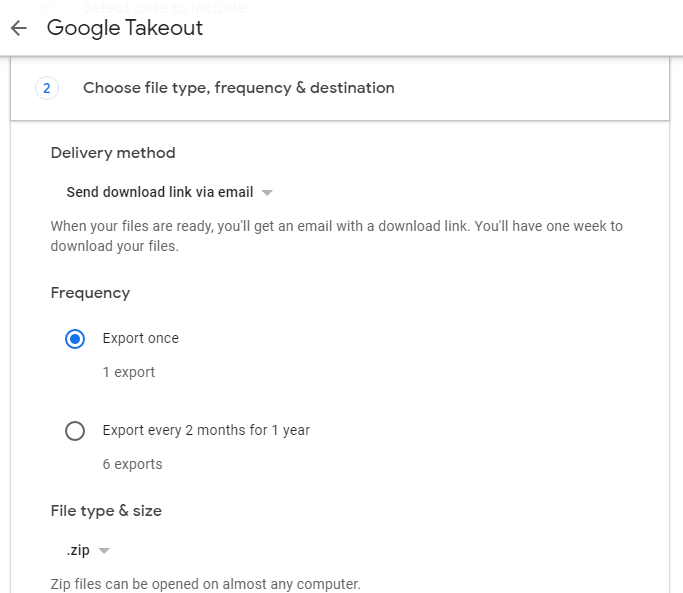 Choose the Delivery type, frequency, file type and size