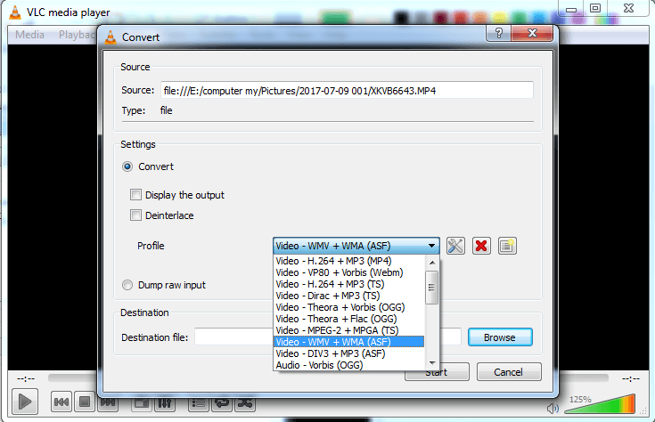 Select the target file format from the drop-down list