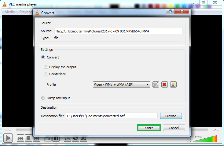 Provide the destination location for the converted video file