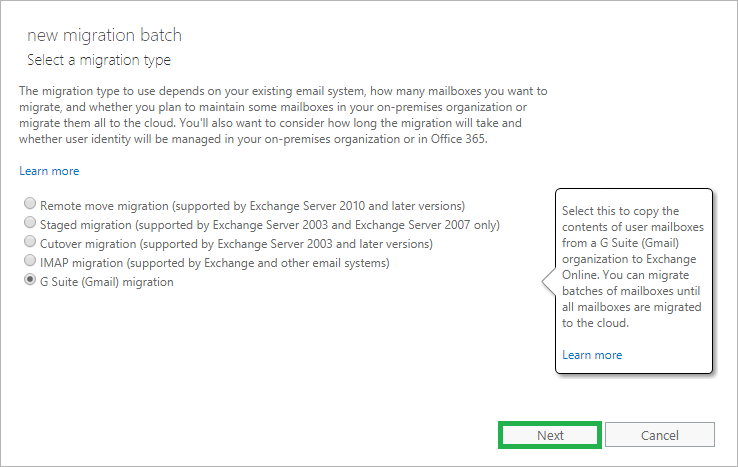 Select G Suite (Gmail) migration option
