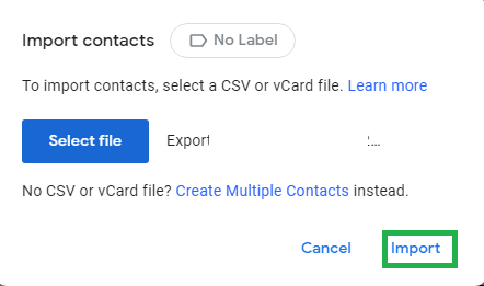 Contacts will be imported to the Google Contacts application