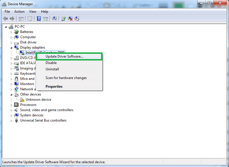 Select the option saying Update Driver Software