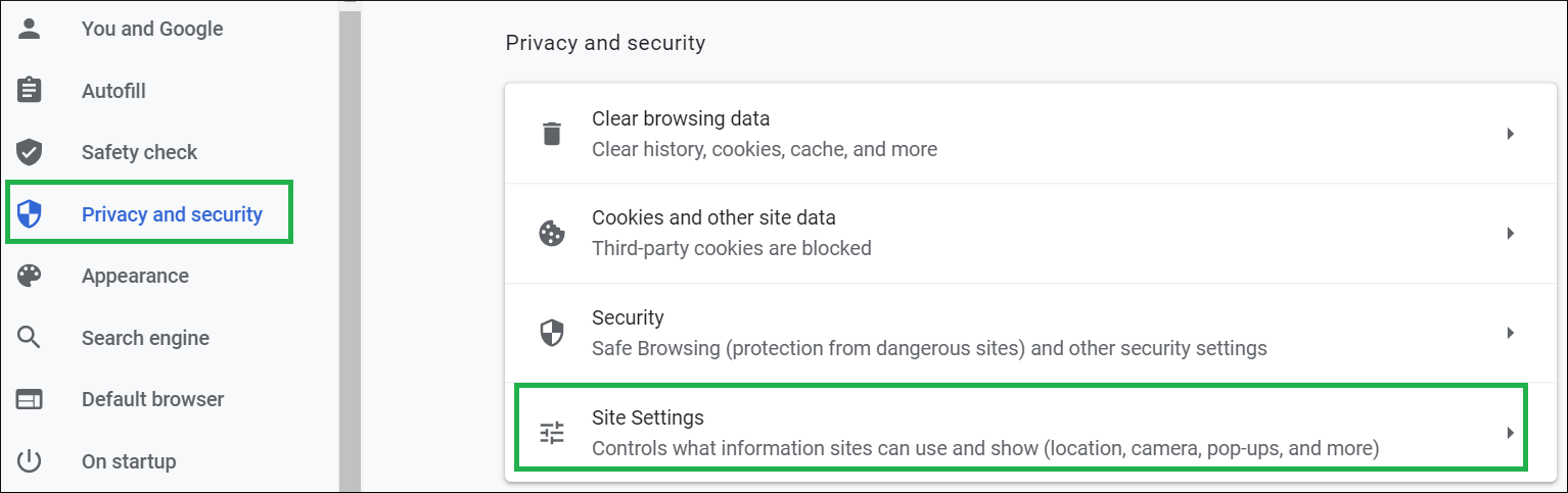Privacy and Security category, open the Site Settings