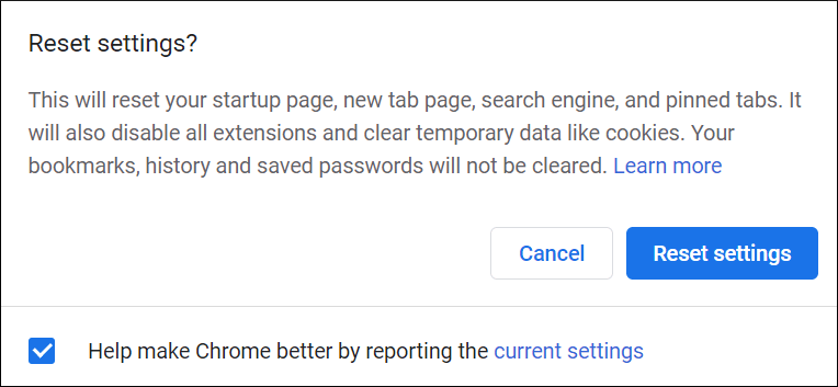 Clear temporary data like cookies. Click Reset Settings
