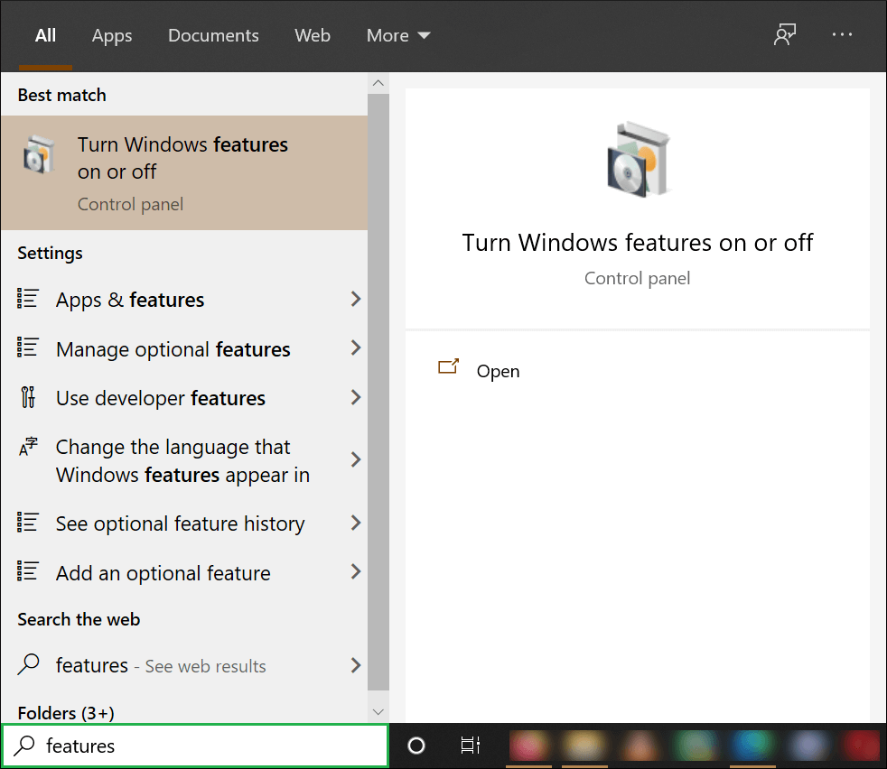 Choose to Turn Windows features on or off
