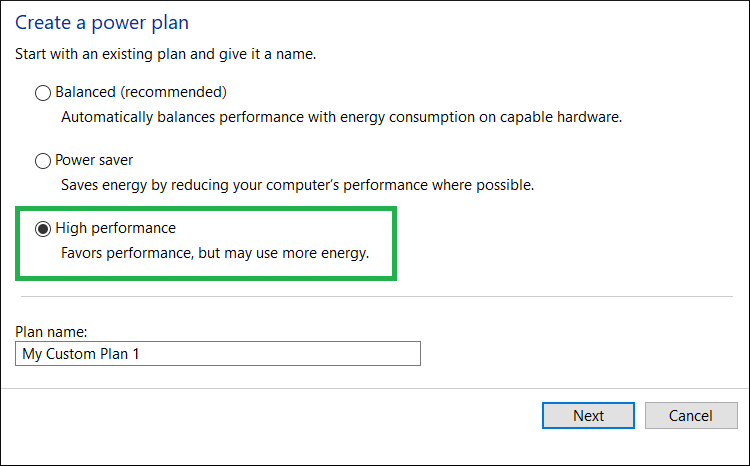 Choose the High-Performance option and create a new plan for the system