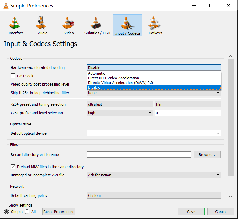 Input / Codecs and Disable the Hardware-accelerated decoding