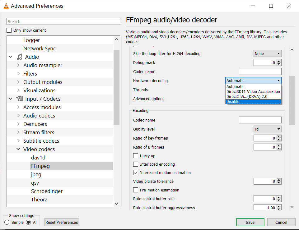 Video Codecs and select the respective codec