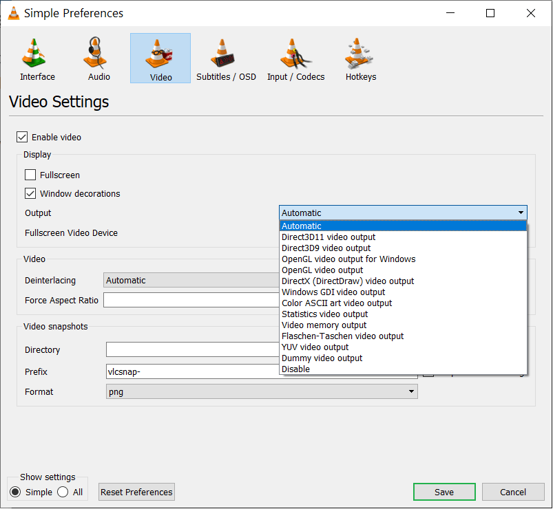 Drop-down to select various video outputs