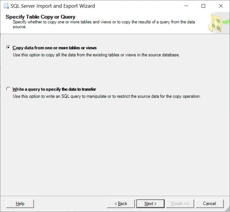 Choose the option to copy data from one or more tables or views
