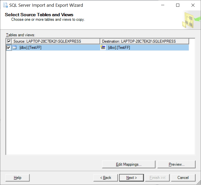 Select the tables from the database