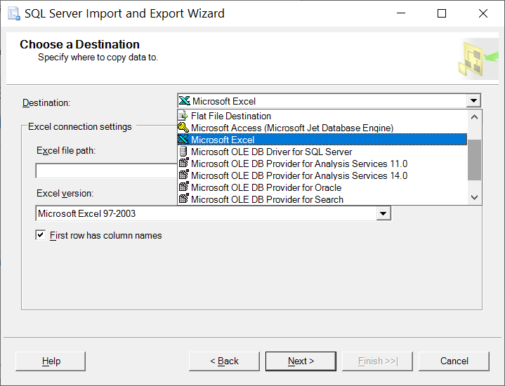 Destination drop-down, you should choose Microsoft Excel
