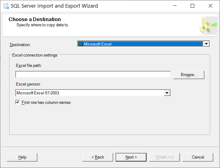 Select the Excel file where you want to save the database files