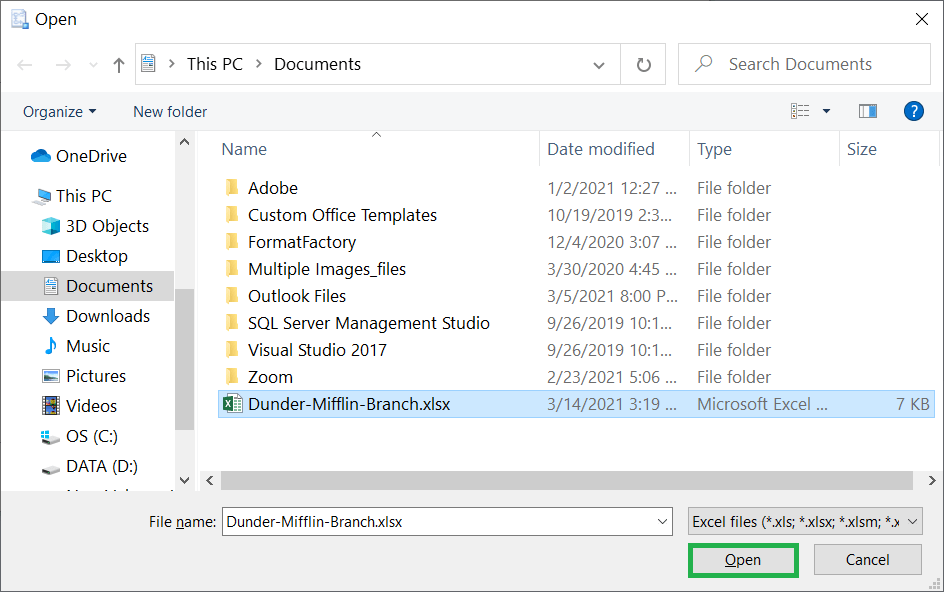 Select the file and click the Open button