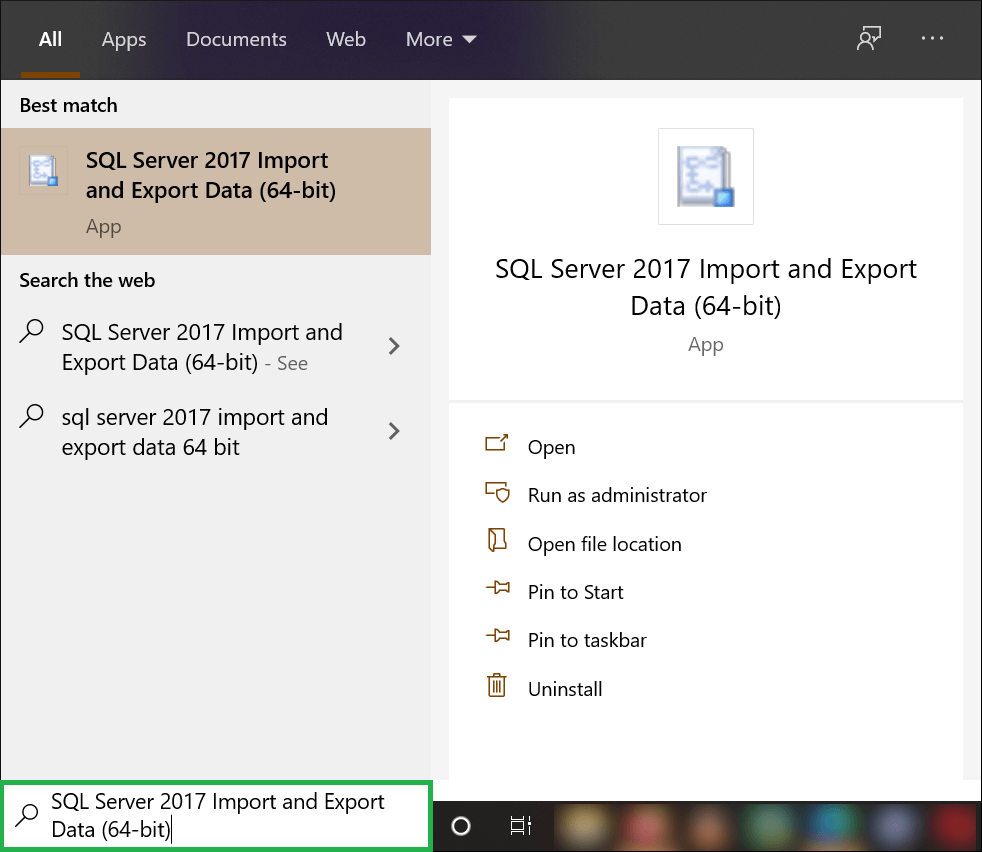 Open the SQL Server Import and Export Data tool directly from the Start Menu
