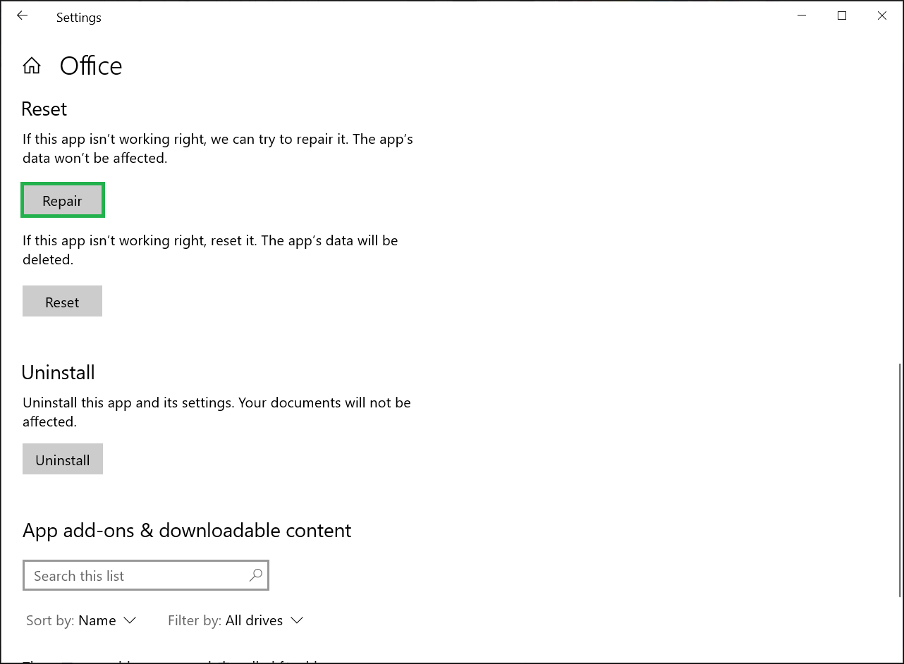 Click the Repair option when the Office application is failing to perform 