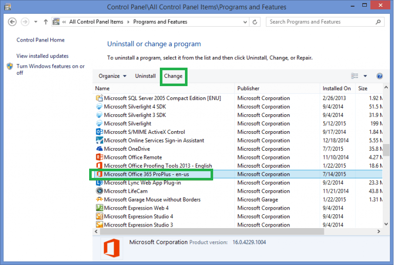 Select the Microsoft Office 365 program and click Change