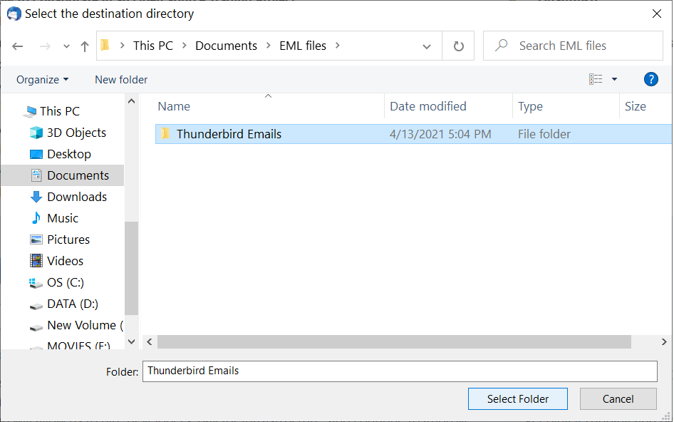 Select the folder to save emails