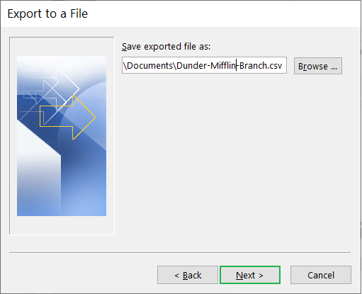 Use the Browse button to select the destination for CSV file