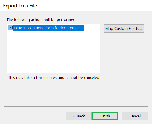 Click the Finish button to the selected Contacts folder