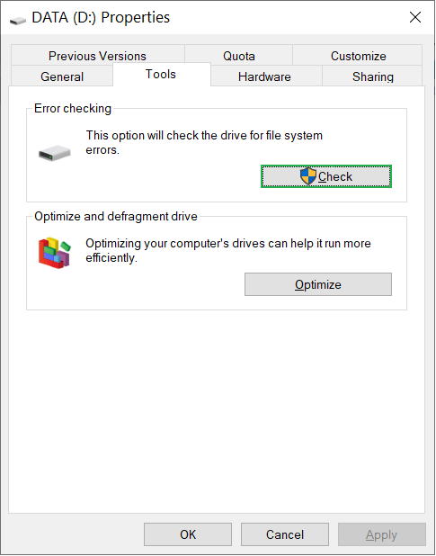 Click the Check button under the Error-checking option
