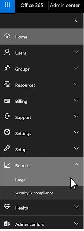 List of Admin Center, go to Reports and choose Usage