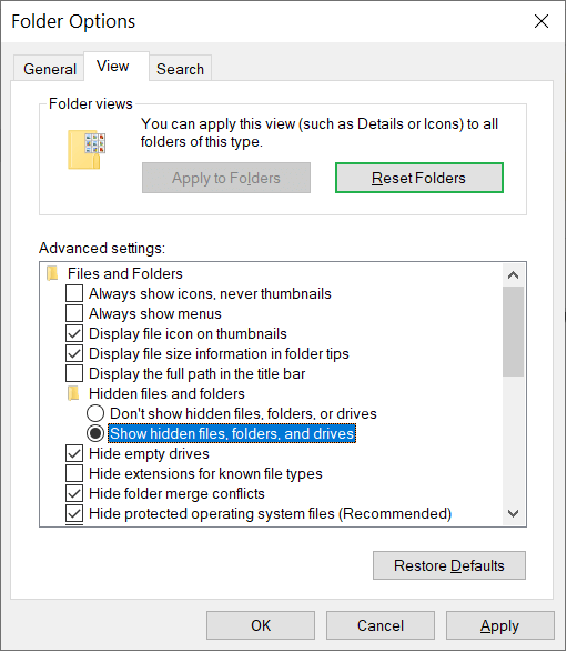 Choose the box to ‘show hidden files, folders, and drives.’