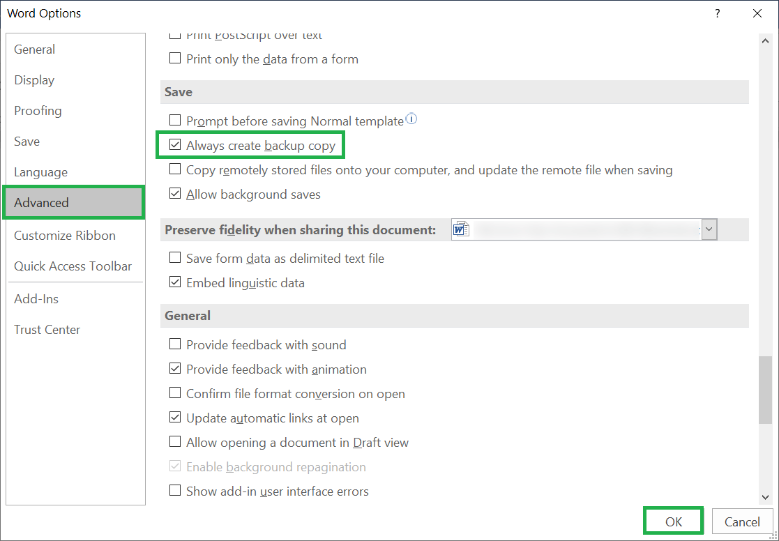 Click the checkbox to ‘always create a backup copy