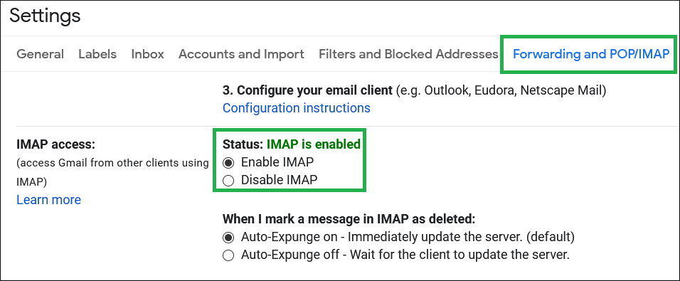 Enable the IMAP settings in the IMAP Access category