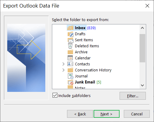 Select all the folders that you want to export in the PST file