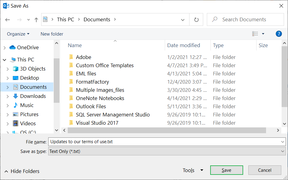 Rename the email file. Then click the Save button