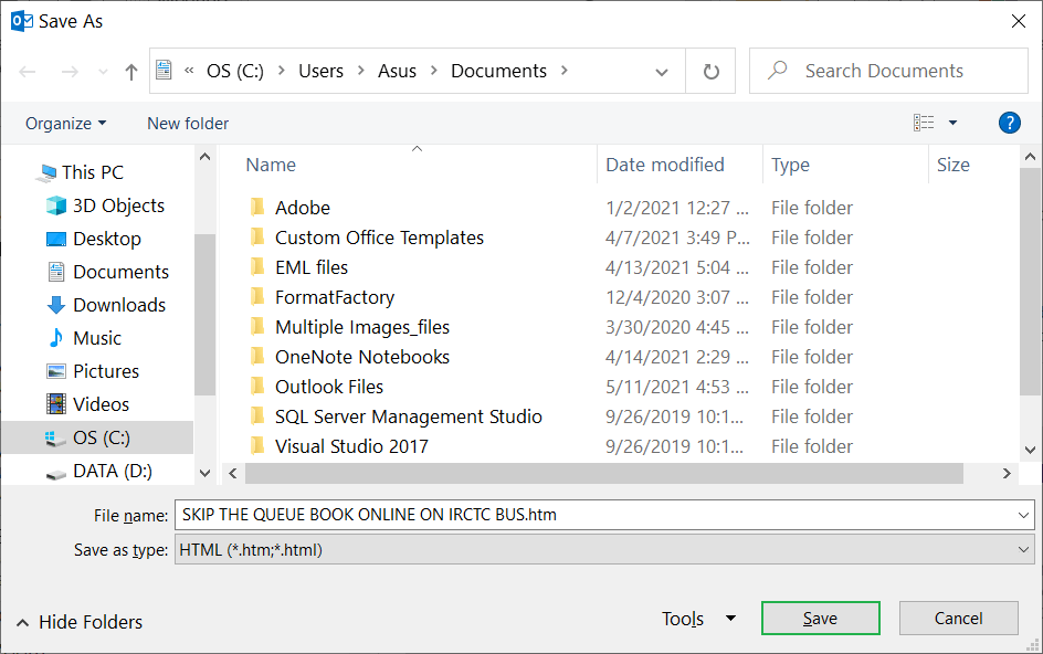 Save email messages in HTML format
