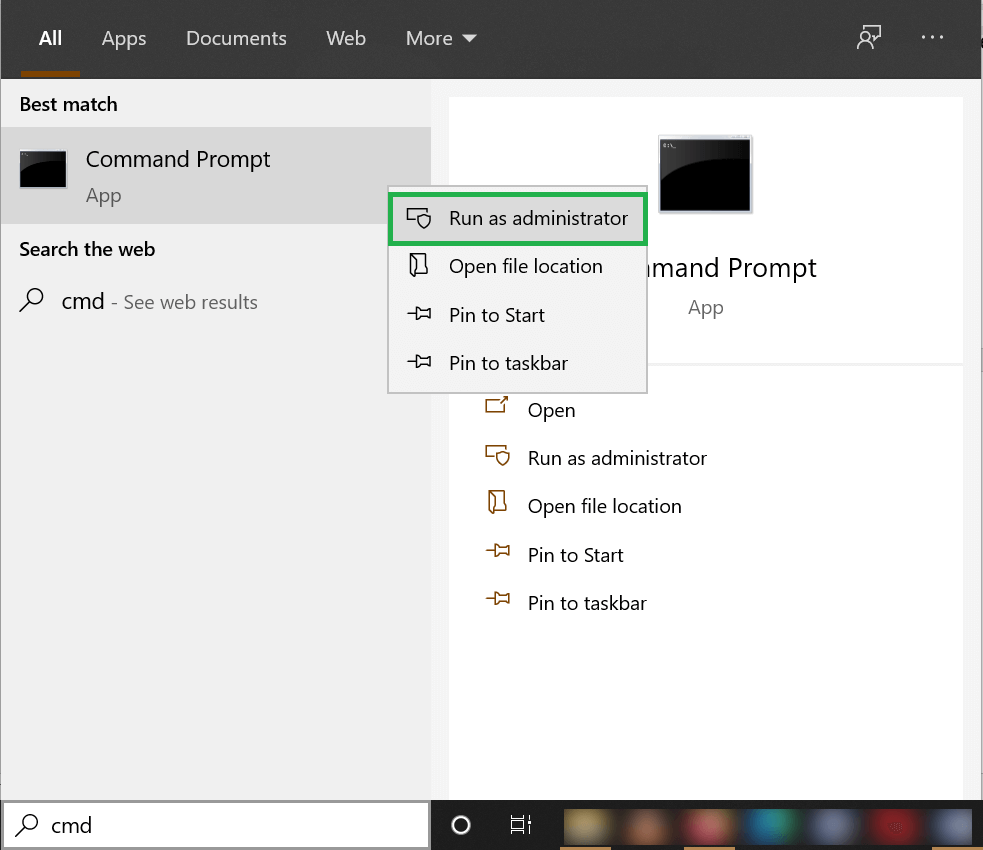 Type cmd in the search bar and run it as Administrator