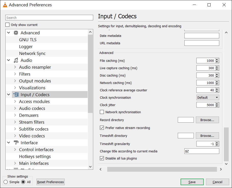 Manage the Input/Codec Settings